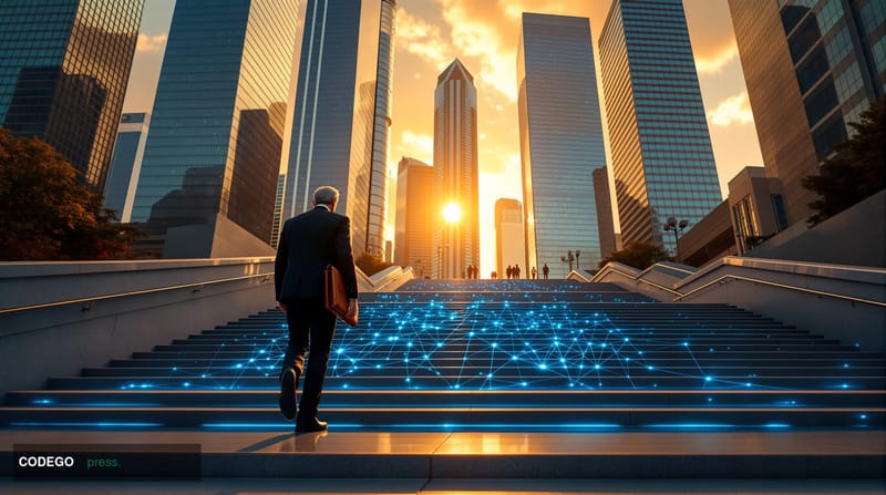A cinematic editorial photograph set at the heart of Seoul's financial district, Yeouido, with the iconic 63 Building and Kor
