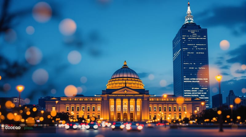 A dramatic cinematic editorial photograph of the South Korean National Assembly building in Seoul, shot at dusk from a low an