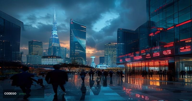 A dramatic cinematic editorial photograph of the Seoul skyline at dusk, with the iconic Namsan Tower and the Yeouido Financia
