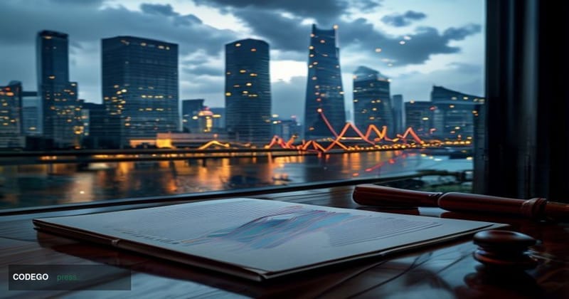 A cinematic editorial photograph set in Seoul, South Korea, with the iconic glass-and-steel towers of Yeouido's financial dis