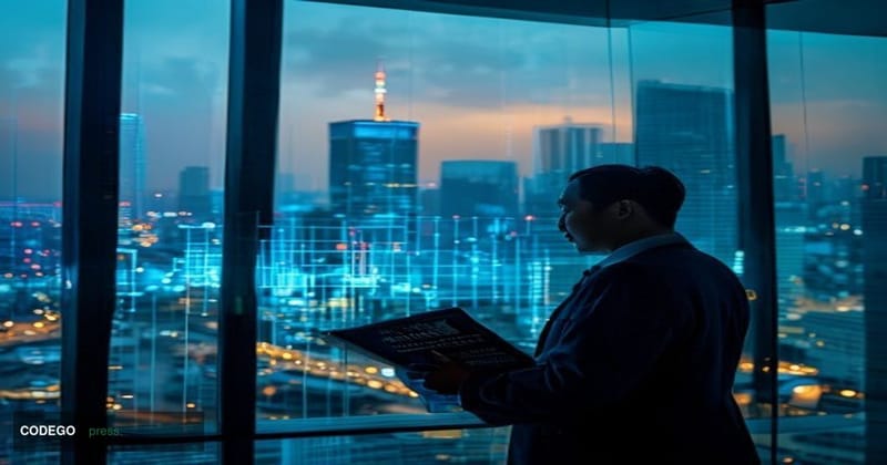 A cinematic editorial photograph set in the heart of Seoul's financial district, with the iconic Yeouido skyline visible in t