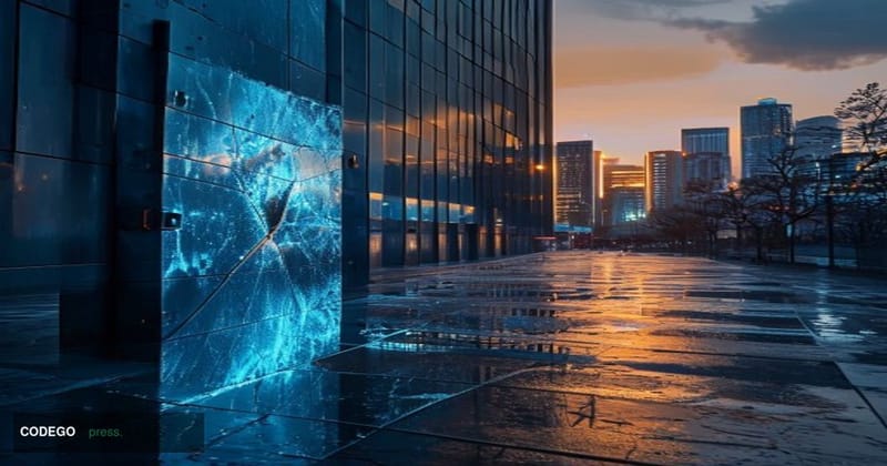 A cinematic editorial photograph set outside the Financial Supervisory Service headquarters building in Yeouido, Seoul's fina