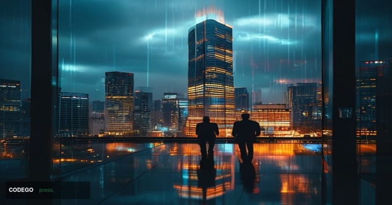 A dramatic cinematic editorial photograph set in Seoul's Yeouido financial district, South Korea's Wall Street equivalent, wi