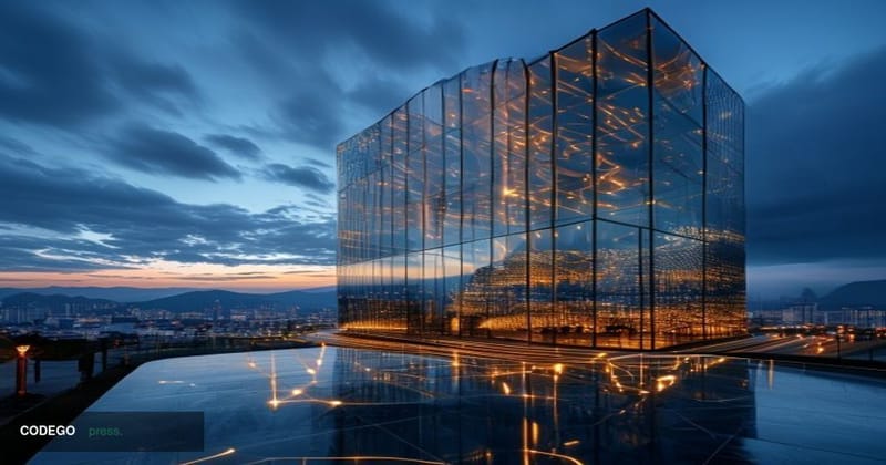 A cinematic editorial photograph set at the exterior of KB Kookmin Bank's flagship Seoul headquarters at dusk, the modern gla