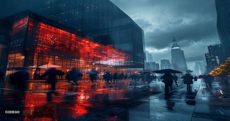 A photorealistic cinematic editorial photograph taken from street level in Seoul's Yeouido financial district, the heart of S