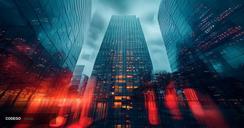 A cinematic editorial photograph of the Korea Exchange (KRX) building in Yeouido, Seoul's financial district, shot at a drama