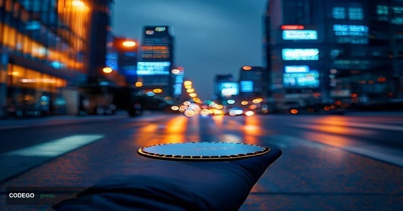 A dramatic cinematic editorial photograph set in Seoul's Gangnam district technology corridor at dusk, featuring the iconic g