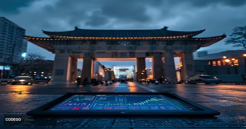 A cinematic editorial photograph set in Seoul, South Korea, with the distinctive Gwanghwamun Gate or a recognizable Korean go