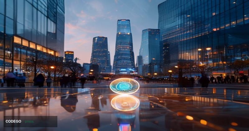 A cinematic editorial photograph set in Seoul's financial district, featuring the iconic glass and steel towers of Yeouido — 