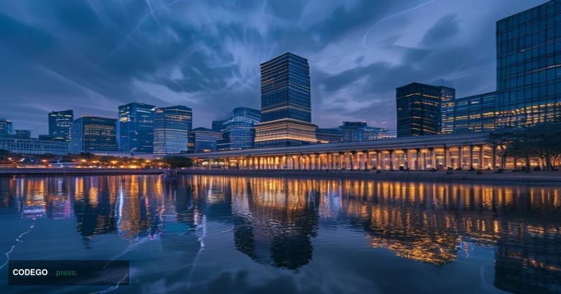 A photorealistic editorial photograph of Seoul's Yeouido financial district at dusk, the iconic skyline of glass-and-steel ba