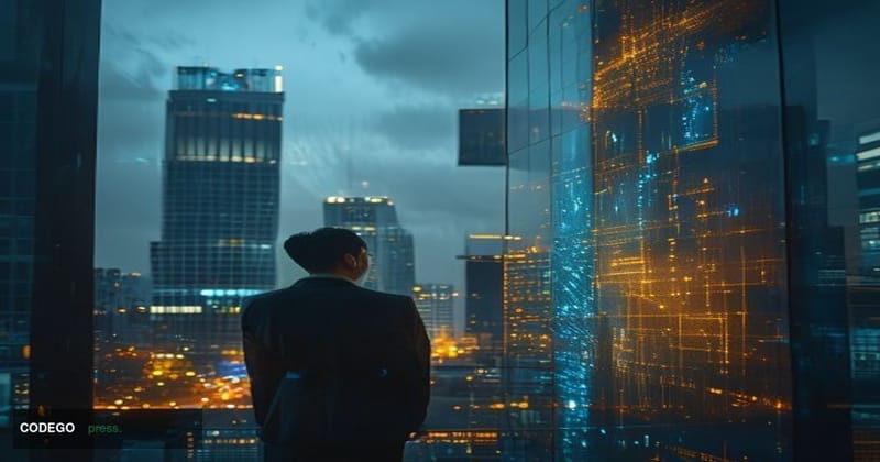 A cinematic editorial photograph set in Seoul's financial district, with the iconic glass towers of Yeouido—South Korea's Wal
