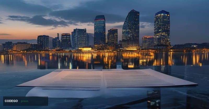 A cinematic editorial photograph of the Seoul skyline at dusk, with the Han River reflecting the city's illuminated financial