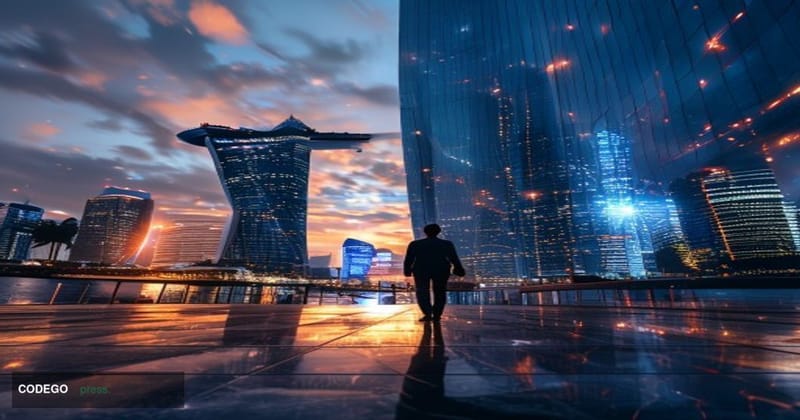 A cinematic editorial photograph shot at golden-hour from a low angle looking upward at the gleaming glass and steel skyline 
