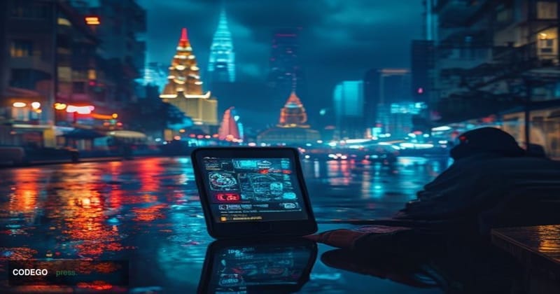 A cinematic editorial photograph set in a neon-lit Southeast Asian cityscape at night — Bangkok or Manila skyline visible in 