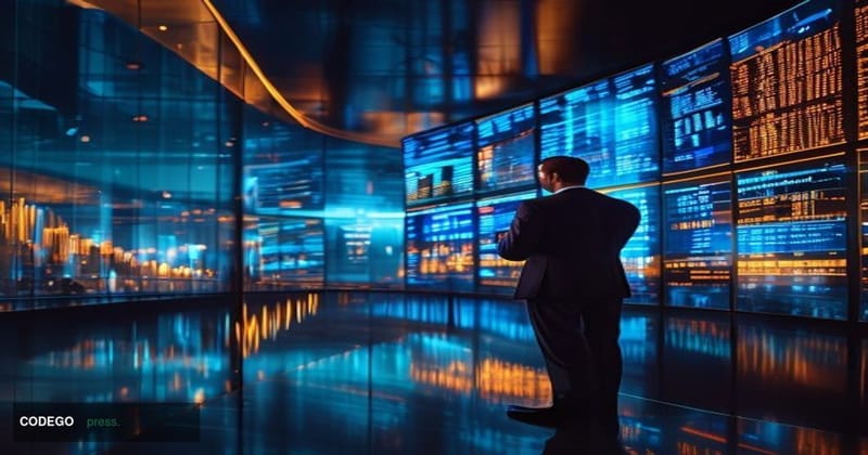 A cinematic editorial photograph set inside a sleek, modern financial data operations center, with large curved screens displ