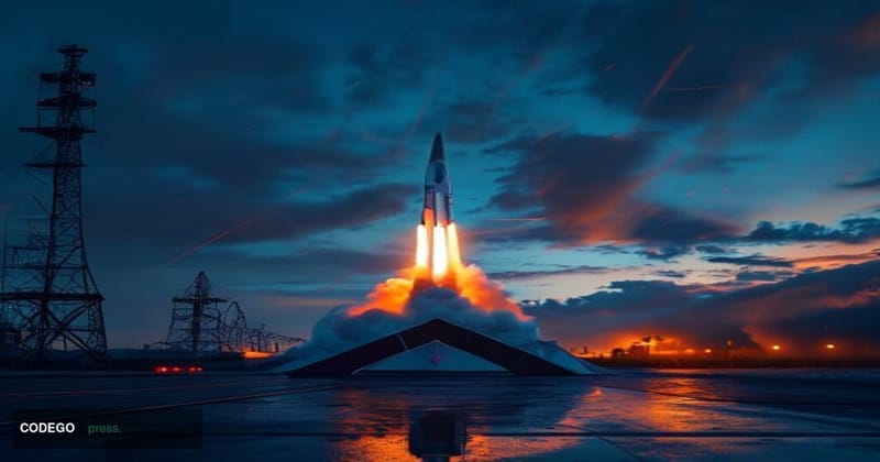 A cinematic editorial photograph of a rocket launchpad at dusk, with a gleaming white rocket standing tall against a dramatic