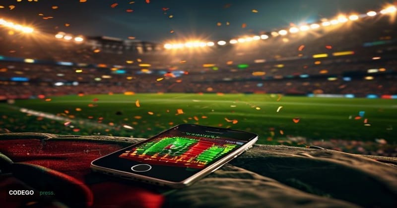 A photorealistic cinematic editorial photograph capturing the intersection of football triumph and digital finance. Foregroun