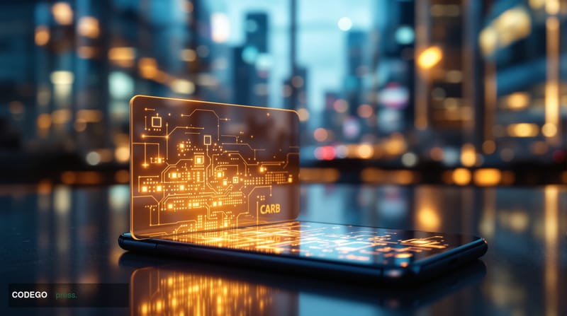 A close-up cinematic editorial photograph of a sleek, futuristic physical credit card made of semi-transparent material resti