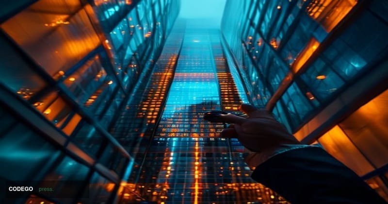 A cinematic editorial photograph shot at a low angle looking up at a gleaming glass-and-steel financial tower representing mo