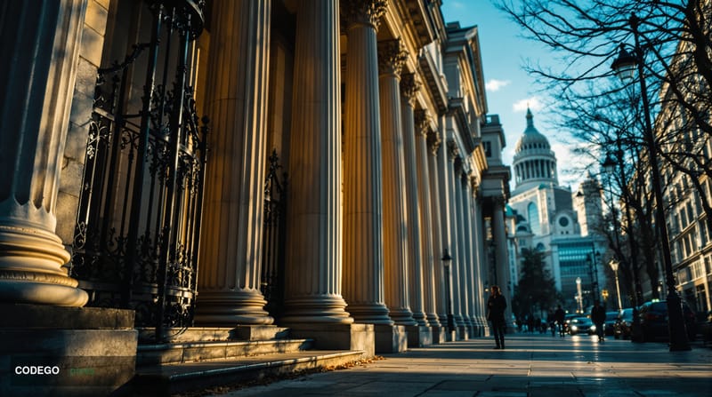 A cinematic editorial photograph shot from a low angle looking up at the neoclassical stone facade of the Bank of England on 