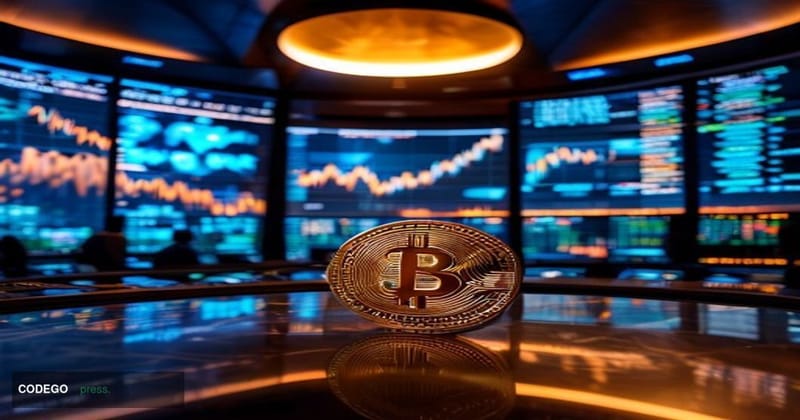 A dramatic cinematic editorial photograph set inside a sleek, high-security financial trading floor, with large curved screen