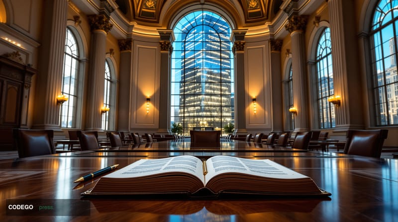 A dramatic cinematic editorial photograph set inside a grand European financial regulatory chamber, evoking Brussels or Paris