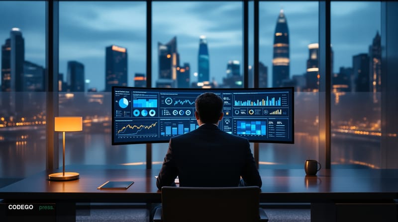 A cinematic editorial photograph set inside a sleek, modern private banking advisory office in Singapore, with floor-to-ceili