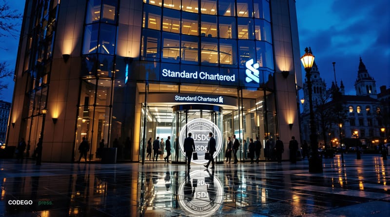 A dramatic cinematic editorial photograph set at Standard Chartered's iconic London headquarters on Basinghall Avenue in the 