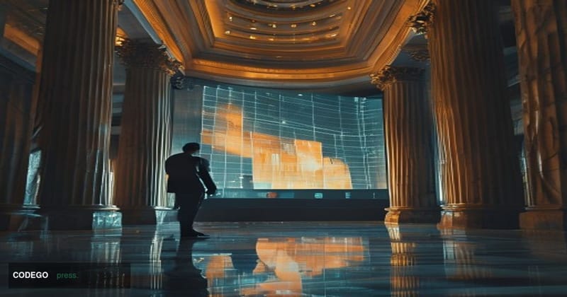 A dramatic cinematic editorial photograph set inside a grand banking hall interior reminiscent of Standard Chartered's London