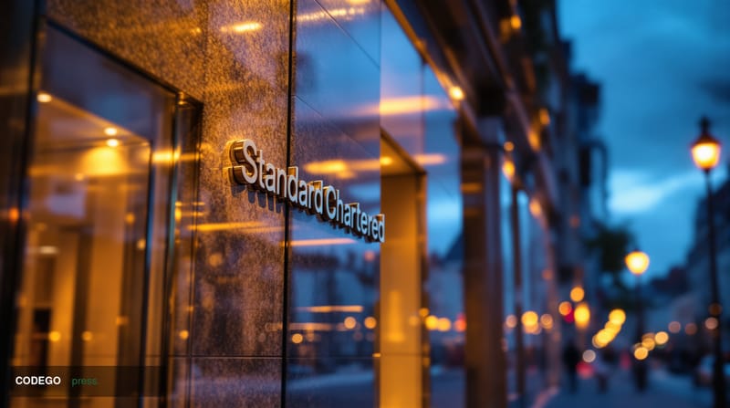 A cinematic editorial photograph of the Standard Chartered bank headquarters exterior in Luxembourg's financial district, sho