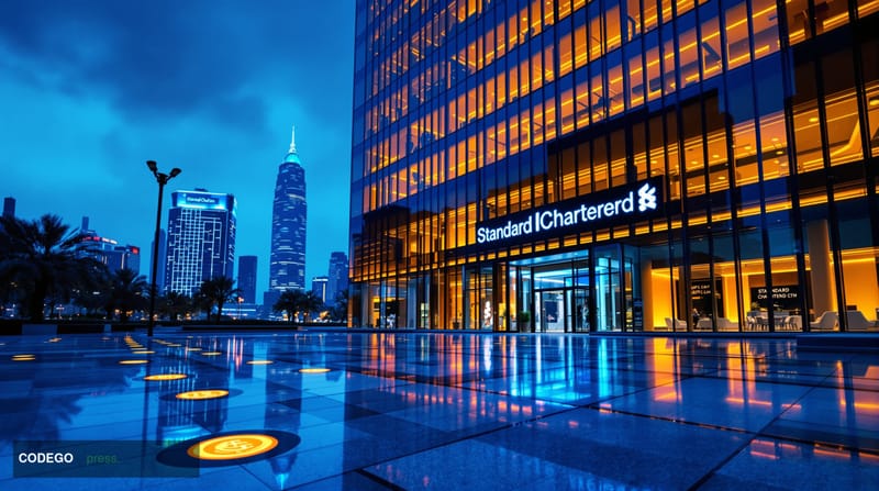 Cinematic editorial photograph of the Standard Chartered bank headquarters building in Dubai's Dubai International Financial 