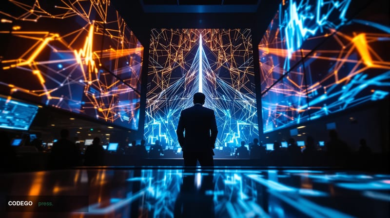 A cinematic editorial photograph set inside a dimly lit, high-tech financial trading floor environment, with multiple large s