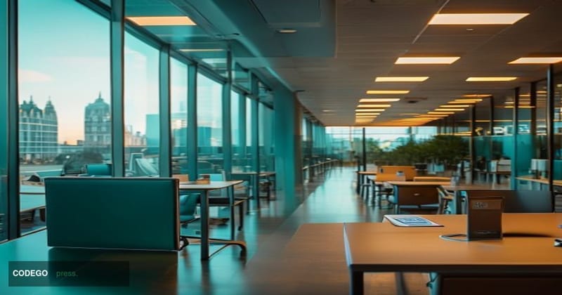 A photorealistic editorial photograph of a modern British high-street fintech office environment, specifically evoking Starli