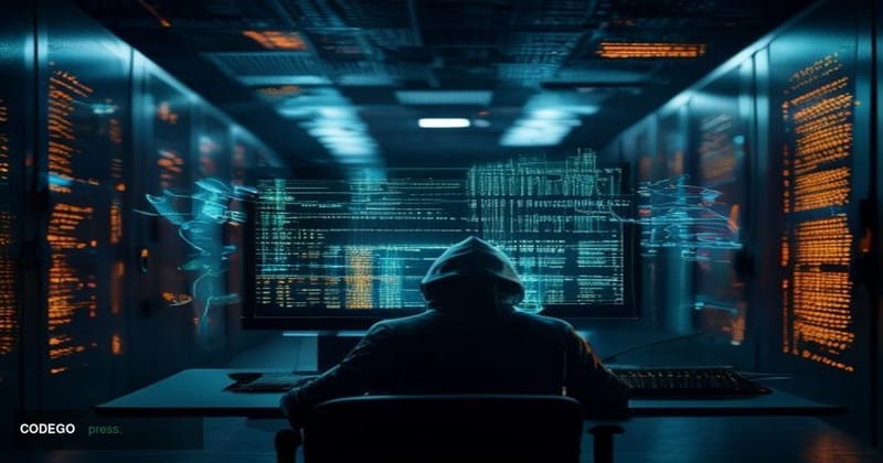 A cinematic editorial photograph set in a dark, dramatically lit server room environment evoking illicit blockchain activity.
