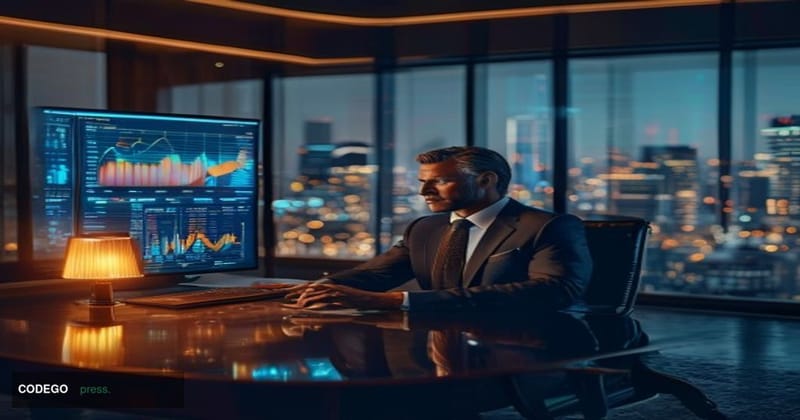 A cinematic editorial photograph set inside a modern, upscale wealth management advisory office with floor-to-ceiling glass w