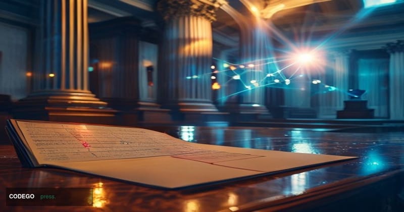 A dramatic cinematic editorial photograph set inside a dimly lit federal courthouse corridor, with marble columns and high ce