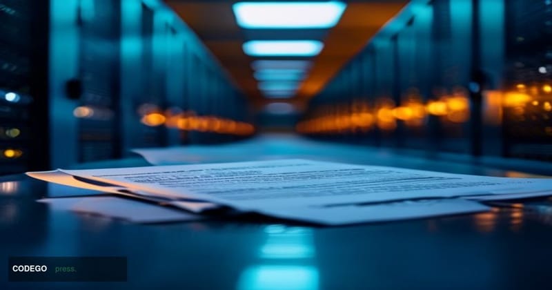 A dramatic cinematic editorial photograph set inside a stark, dimly lit server room corridor representing decentralized cloud