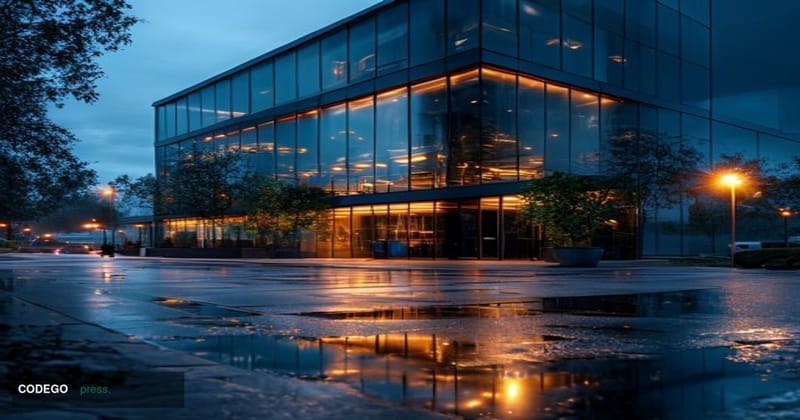 A photorealistic cinematic editorial photograph depicting a glass-and-steel technology office building exterior at dusk, with
