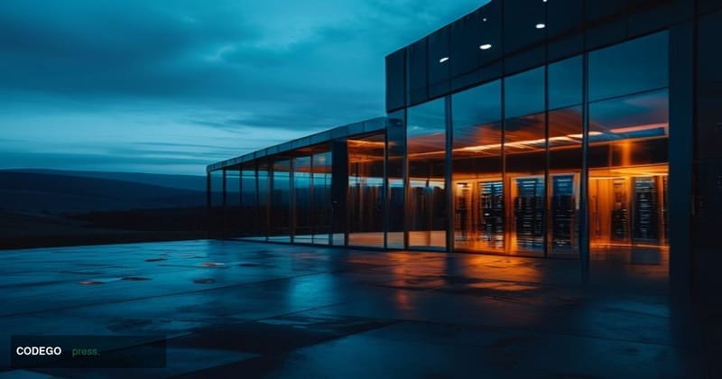 A dramatic cinematic editorial photograph of a weathered data center exterior in a twilight setting, with server rack silhoue