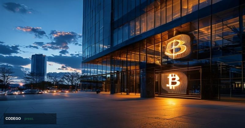 A dramatic cinematic editorial photograph of the exterior of Strategy's corporate headquarters in Tysons, Virginia, shot at g
