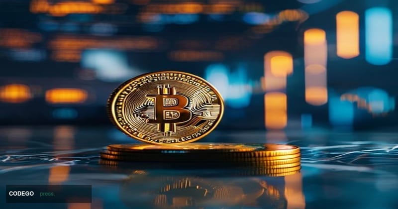 A cinematic editorial photograph centered on a physical Bitcoin coin gleaming under dramatic amber lighting, positioned in th
