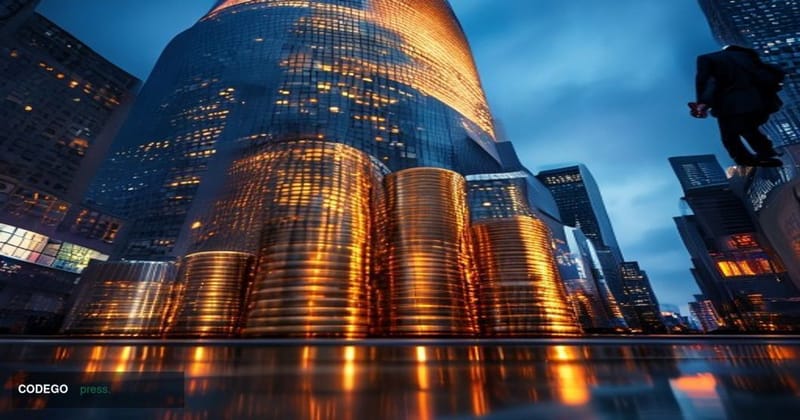 A dramatic photorealistic editorial photograph of the Nasdaq MarketSite tower in Times Square, New York City, its iconic cyli