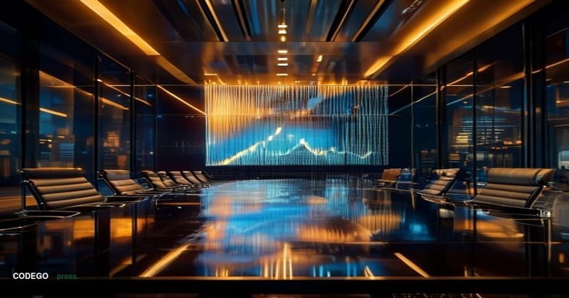A dramatic cinematic editorial photograph centered on a sleek glass-and-steel corporate boardroom interior, identifiable as a