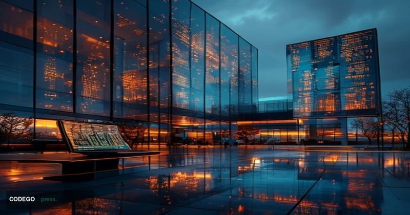A photorealistic cinematic editorial photograph of a towering glass-and-steel corporate headquarters at dusk, modeled on Stra