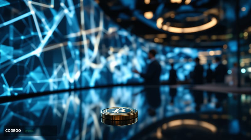 A photorealistic editorial photograph set in a dimly lit financial trading floor environment, with large curved monitors disp
