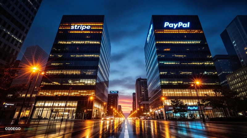 A dramatic cinematic editorial photograph set in San Francisco's financial district at dusk, with two prominent corporate off