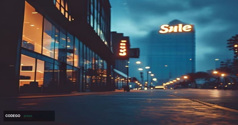 A dramatic cinematic editorial photograph set at dusk on a San Francisco financial district street, where Stripe's minimalist