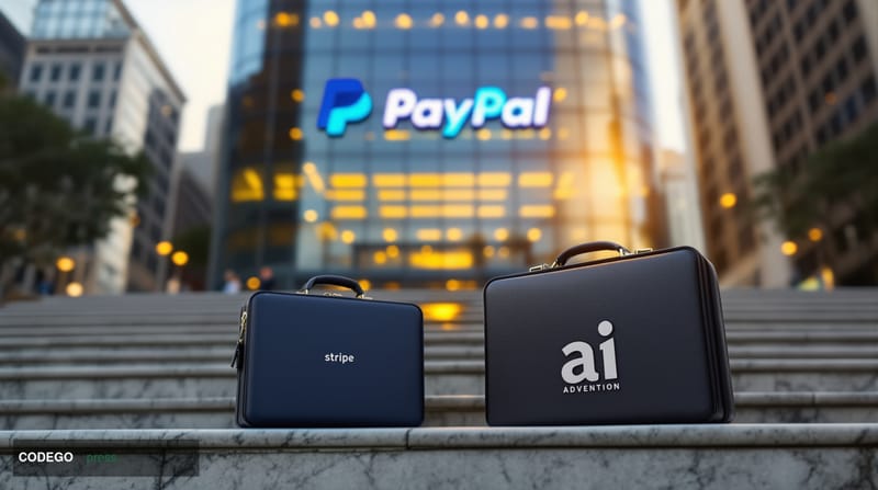 A dramatic cinematic editorial photograph set at the intersection of San Francisco's financial tech corridor, with PayPal's i