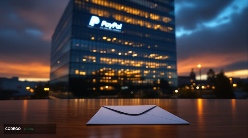 A dramatic cinematic editorial photograph set outside PayPal's corporate headquarters in San Jose, California — the iconic gl