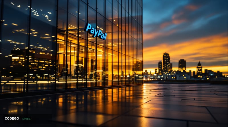 A dramatic cinematic editorial photograph set in the financial district of San Francisco, with the PayPal headquarters buildi